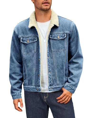 Runcati Herren Jeansjacke Fleece Denim Trucker Jacke Vintage Freizeit Übergangsjacke Warm Flauschig Winter Outdoor Jacken mit Knopfleiste Blau L