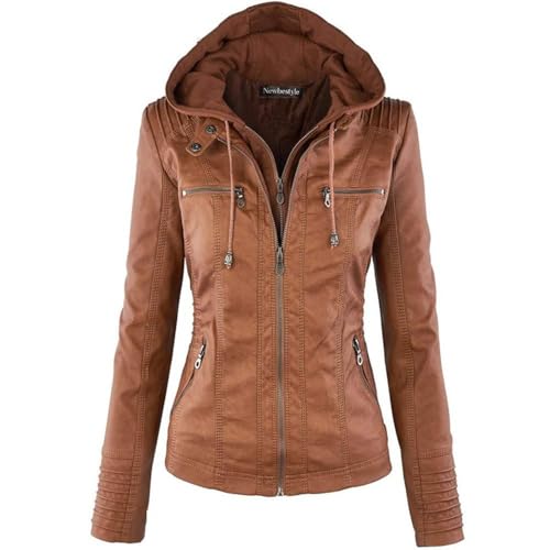 Newbestyle Damen Kapuzenjacke Kunstleder Motorrad-Stil Mantel, braun, 46