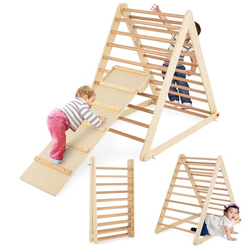 COSTWAY Kletterdreieck klappbar, Klettergerüst mit Leiter aus Holz, Sprossendreieck zur Entwicklung grobmotorischer Fähigkeiten, für Kleinkinder ab 3 Jahren (Natur)