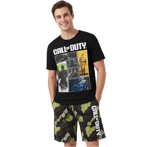 Call of Duty Pyjama Herren S-3XL, 2-Teilig Baumwolle Kurz Schlafanzug Set mit Kurzarm T-Shirt, Weiche Sommer Nachtwäsche, Geschenke für Männer (M, Schwarz Call of Duty)