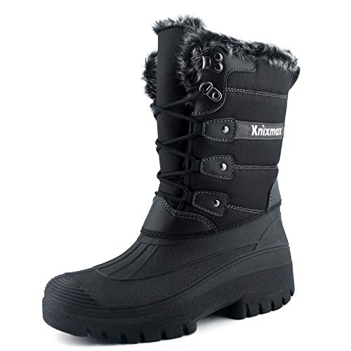Knixmax Damen Schneestiefel Winterstiefel Warme Gefüttert Hoch Winterschuhe Rutschfest Wasserdicht Gummilaufsohle Schwarz Gr.40 EU