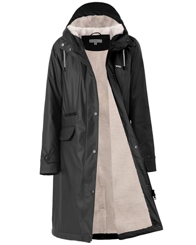 Regenmantel damen gefüttert mit Teddy-Fleece Regenjacke damen wasserdicht mit Kunstfell warm Friesennerz lang PU Windbreaker Regenparka für Winter,schwarz,44