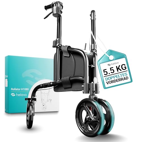 Helavo Aluminium Rollator mit 3 Rädern - Schmaler Dreiradrollator für Drinnen und Draußen - Inovatives Design mit doppelten Vorderrädern für mehr Stabilität - 5,5kg leicht