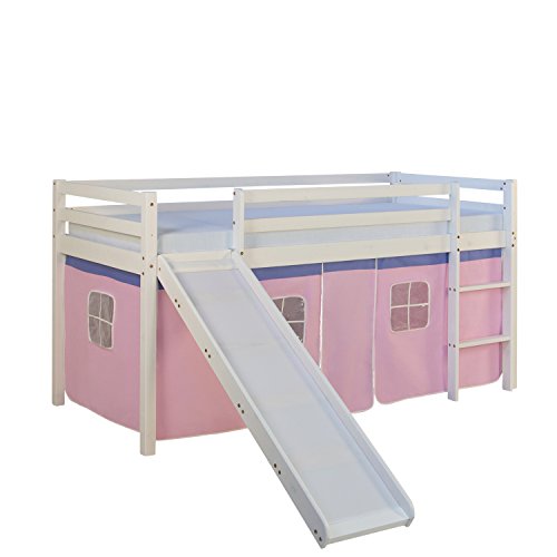 Homestyle4u Kinderbett Hochbett aus Massivem Kiefernholz mit Rutsche Rosa, 90 x 200 cm, Weiß Lackiert, mit Vorhang aus Baumwolle