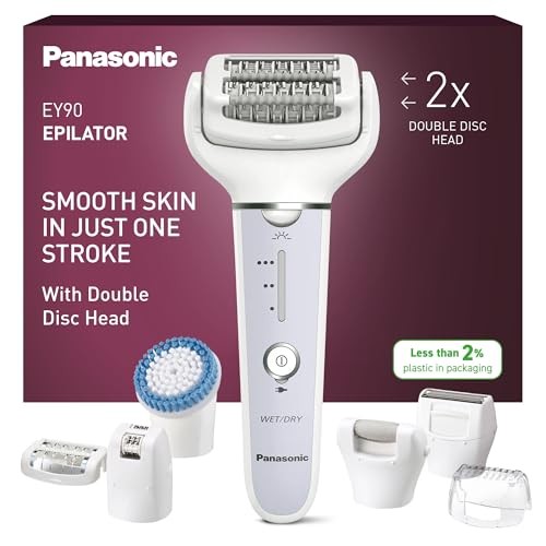 Panasonic ES-EY90 Nass/Trockenepilierer Damen, Dual Disc mit 60 Pinzetten, 90° schwenkbarer Kopf, 3 Geschwindigkeiten & LED-Licht, 30 Min. Betrieb, kabellos, Haarentferner, Scher- und Fußpflegekopf