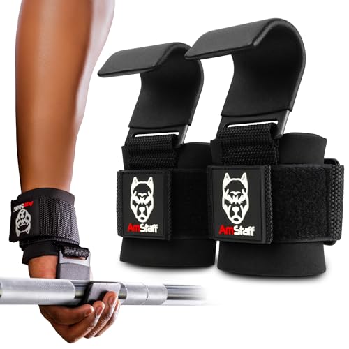 AmStaff Fitness Gewichte-Hebehaken (Paar, Schwarz) – Gym-Handgelenksschlaufen mit Stahlhaken für Gewichtheben, Pull-ups, Deadlifts, Krafttraining und Fitness-Workouts