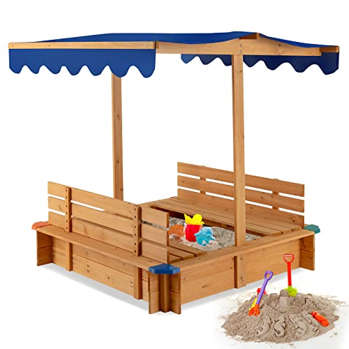 DREAMADE Sandkasten 120 x 120 cm, Sandkasten aus Holz mit Dach & 2 abnehmbaren Sitzbänken, viereckiger Tannenholz-Sandkiste, Kinderspielplatz für Garten, Zuhause, Strand