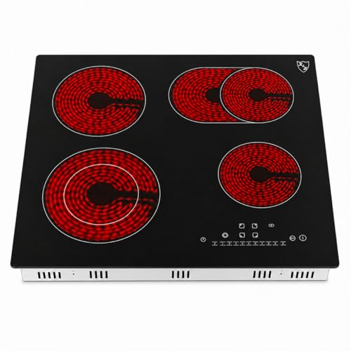 K&H Glaskeramikkochfeld NC-7206 [4 ZONEN] - Herdplatte 4 Kochfelder - Kochfeld 4 Platten Autark - Kochplatten 4er - Starkstrom-Anschluss - Kein Stecker Enthalten - 59CM 7200 Watt - 9 Leistungsstufen