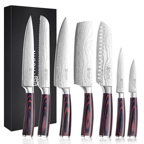 PAUDIN Messerset 7-teilig, Küchenmesserset aus hochwertigem Edelstahl, Profi Kochmesser mit scharfer Klinge, Küchenmesser mit ergonomischem Holzgriff, langlebiges Messer Set, Geschenkbox