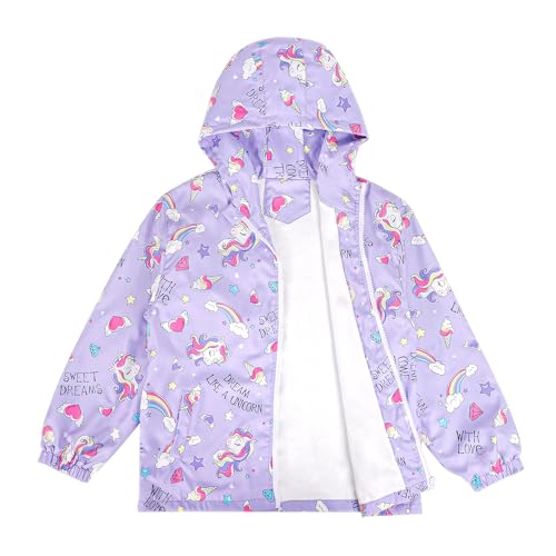 LACOFIA Mädchen Wasserdichte Jacke mit Fleece Futter Kinder Wasserabweisend Schule Übergangsjacke mit Kapuze und Gefüttert Regenjacke Herbst/Früher Winter für Kinder Violett 98/104 (Etikett 4)