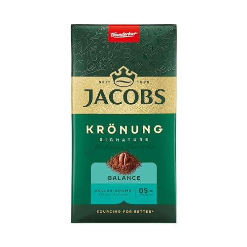 Jacobs Filterkaffee Krönung Balance, mittlere Röstung, Kaffee gemahlen, geröstet in Deutschland, ideal für Filterkaffeemaschine & French Press, Intensität 5/10, 500 g