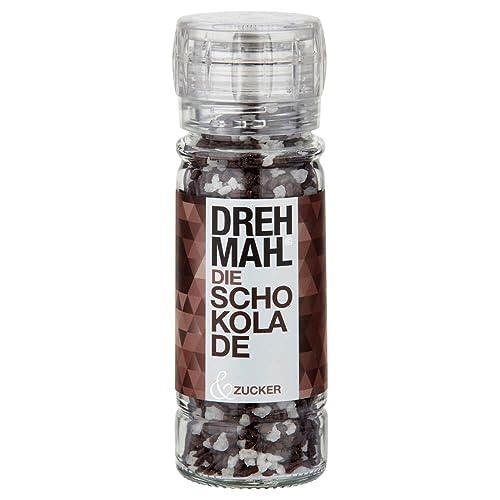 DREHMAHL© Aromazucker Schokolade in der Mühle (75g) | für Kaffee und Süßspeisen | Feinkost mit Schoko-Aroma | Drehmühle mit Hagelzucker & Kakao-Schokoflocken