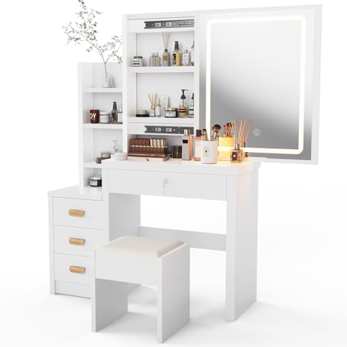Oyajia Schminktisch Weiß, Kosmetiktisch mit Spiegel & Hocker, Frisierkommode mit LED-Beleuchtung Set, Frisiertisch mit 4 Schubladen, Schlafzimmermöbel Vanity Set, 135 * 80 * 36cm