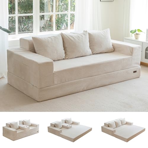 MAXYOYO Schlafsofa, Cord-Bodencouch, Klappsofa mit Getränkehalter und Dekokissen, Bequemes Kompressionssofa für Wohnzimmer, Schlafzimmer, Gästezimmer