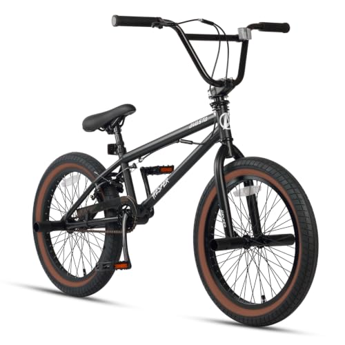 AVASTA Hesper 20 Zoll Kinderfahrrad Freestyle BMX mit 4 Pegs Fahrräder für 6 7 8 9 10 11 12 13 14 Jahre alte Jungen und Anfänger,Schwarz mit Braunen Reifen