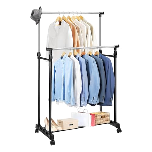 ARATERVIO Höhenverstellbarer Kleiderständer mit Rollen & Doppelstange Mobiler Garderobenständer aus Stahl, Traglast 15kg 95-160cm verstellbar 4 Lenkrollen für Schlafzimmer Flur Waschraum Schwarz