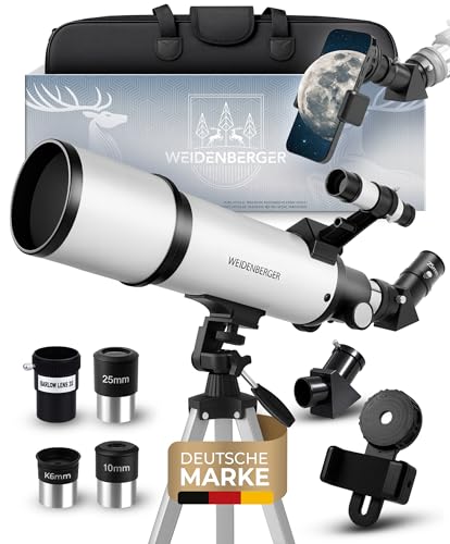 Weidenberger Teleskop 80600 – Refraktor-Fernrohr, 800 mm Brennweite, 60 mm Öffnung mit 3 Okularen + 3× Barlow-Linse, Sucherfernrohr, Stativ & Handy-Adapter – für Erwachsene & Einsteiger