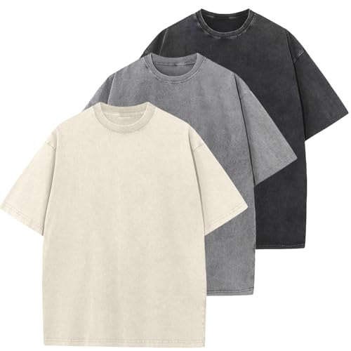 Oversized T-Shirt für Herren Heavy Baumwolle Regular Fit Basic Männer T-Shirt Set Casual Sommer Tops(Beige/Grau/Schwarz L)