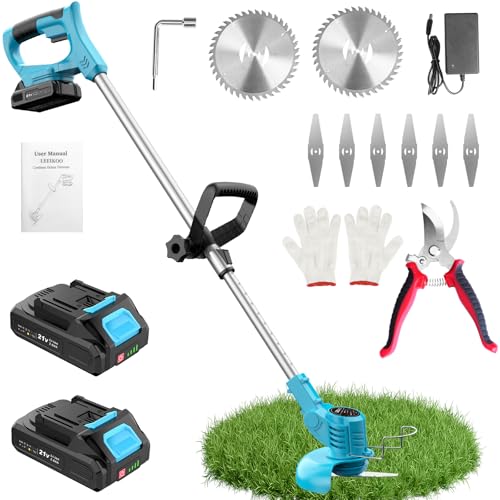 Rasentrimmer mit Akku 21V, Freischneider mit 2 Akkus 2.0Ah, 2 Arten von Metal Klingen Akku Rasentrimmer, Gartenschere, Verstellbarer Griff für Rasen Garten Beschneiden, Blau (Blau)