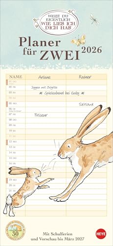 Weißt du eigentlich, wie lieb ich dich hab? Planer für zwei 2026: Liebevoll illustrierter Wand-Kalender mit 2 Spalten. Paarkalender 2026. Wand-Terminkalender. 16 x 35 cm. (Familienplaner Heye)