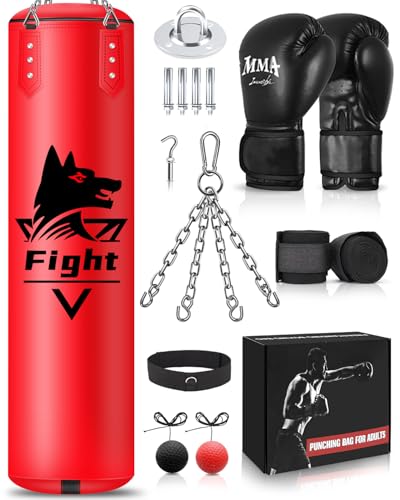 JUOIFIP Hängendes Boxsack Set Ungefüllt für Erwachsene- Mikrofaser Leder Boxsack mit Komplett Zubehör, Stabiler Sandsack für Kickboxen, MMA, Grappling, Muay Thai, Fitness– Indoor & Outdoor