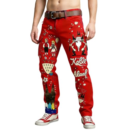 Chino Hose Herren Kölner Dom Clown Jeck Karneval Kostüm Rut und Wieß Slim Fit Cargohose Klassisch Kölle Alaaf Chinohose mit Taschen Fasching Köln Adler Wappen Cargo Hosen Streetwear