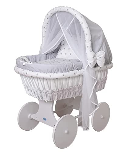 Waldin Baby Stubenwagen-Set mit Ausstattung, XXL, Bollerwagen, komplett, 24 Modelle wählbar, Gestell/Räder weiß lackiert, Stoffe grau/Sterne grau