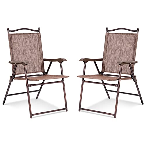 COSTWAY 2er Set Gartenstühle klappbar, Hochlehner wetterfest Gartenstuhl Klappstuhl bis 120 kg, Terrassenstühle mit Armlehnen für Garten, Terrasse, Pool, Braun