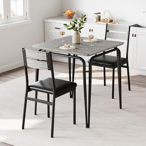 GarveeMore Esstisch Set Für 2, Quadratische 3-Teilige Esszimmer Mit 2 Stühlen, Platzsparende, Moderne Küchenmöbel, Für Kleine Räume & Apartments, Grau