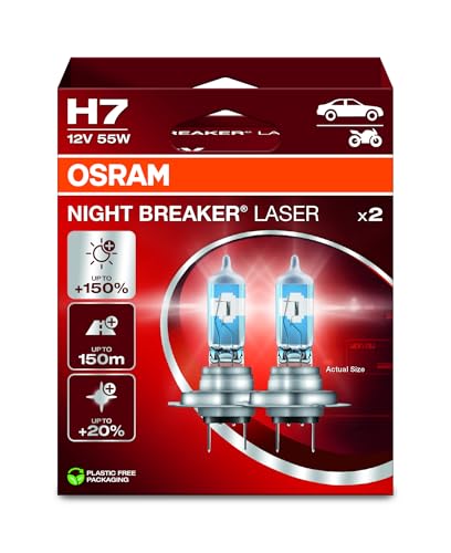 Osram NIGHT BREAKER LASER H7, +150% mehr Helligkeit, Halogen-Scheinwerferlampe, 64210NL-2HB, 12V PKW, Hängebox (2 Lampen)