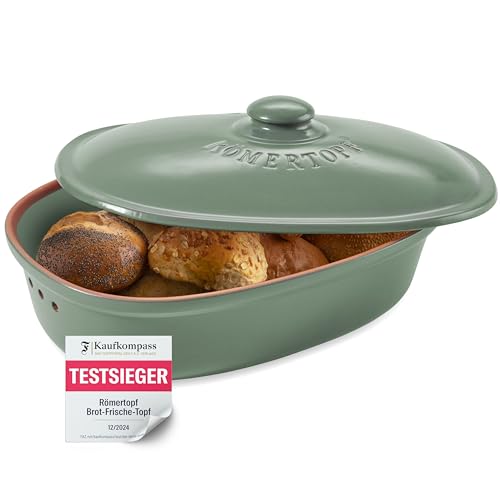 Römertopf Brottopf oval MAXI 6,5 Liter - Brotkasten Grün aus Keramik - Atmungsaktiver Tontopf für langanhaltende Frische von Brot und Brötchen