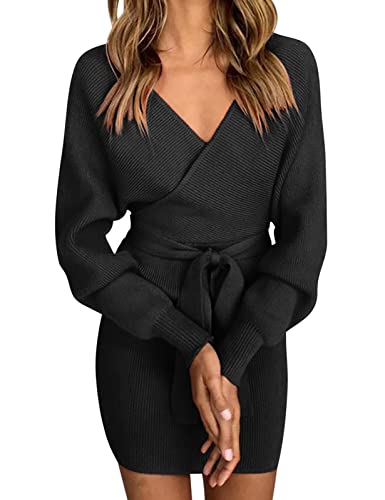heekpek Strickkleid Damen Winter Minikleid Strick Sexy V-Ausschnitt Warm Langarm Minikleid Eng Strick Tunika Stretch Bequem Strickkleider Damen mit Gürtel, Schwarz, S