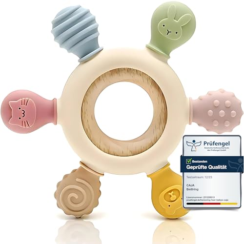 CAJA Beißring Baby BPA freie Zahnungshilfe und Beißspielzeug aus Silikon und Holz Greifring mit Tiermotiv Geschenkidee zur Geburt Sicheres Babyspielzeug für Jungen und Mädchen