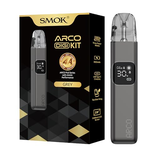 SMOK Arco Digi Vape Pod Kit E Zigarette 1300mAh Akku 5W-30W Leistungsbereich 3ml Nachfüllbarer Pod Top Fill Design Type C Schnellladung 0.84 Zoll LCD Anzeige Kompatibel Mit Arco Pod Ohne Nikotin Grau