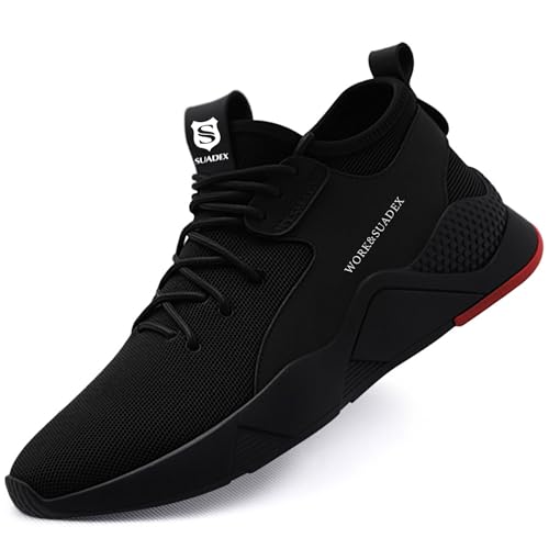 SUADEX Arbeitsschuhe Sicherheitsschuhe Herren Damen Leicht Atmungsaktiv Stahlkappenschuhe Unisex Sneaker mit Stahlkappe (02-Schwarz 43EU)
