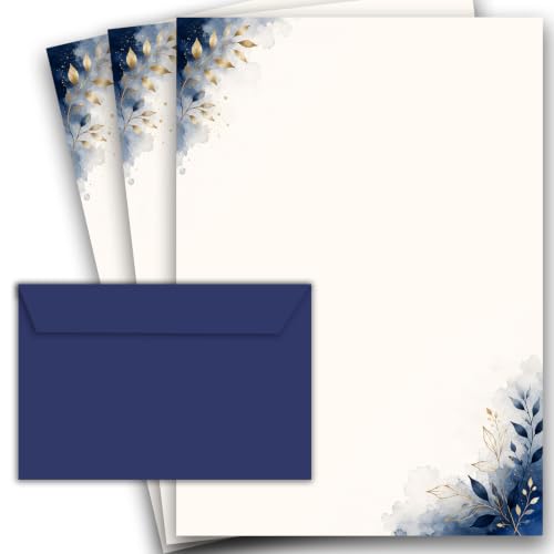 20 Briefpapier / 10 Briefumschlag Set edel in Weiß Blau Gold mit Blättern bedruckt 2 seitig A4 120 g/m² c6 80 g/m² eleganten Kuvert (20 Briefpapier MIT 10 Umschlägen)
