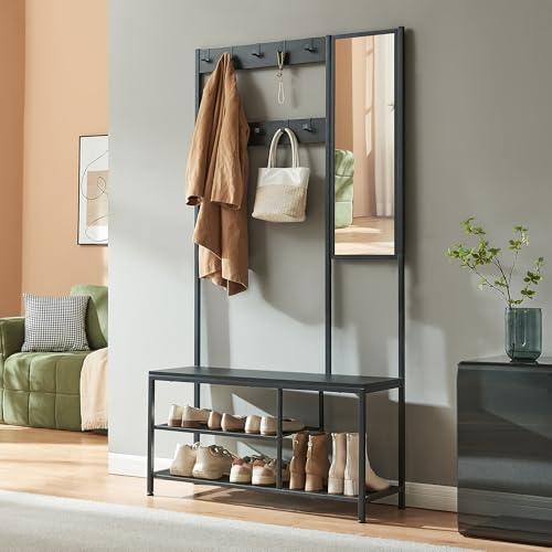 [en.casa] Garderobe Napinerg Flurgarderobe 185 x 98 x 34 cm Garderobenständer mit Spiegel Schuhregal und Sitzbank Kleiderständer Kompaktgarderobe Schwarz