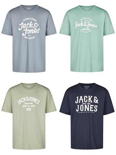 JACK & JONES Tshirt Herren Regular Fit JJLINO 4er Pack Set Pack Rundhals Kurzarm Sommer Tee Shirt Print, Größe:XL, Farbe:Pack 1