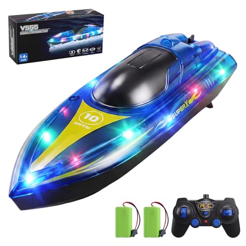 Ferngesteuertes Boot mit 2 Batterien, 2.4GHz RC Boot mit LED-Licht, 90 Minuten Spielzeit, 15KM/H RC Speedboot für Pool Meer Seen, RC Rennboot Poolspielzeug für Erwachsene und Kinder ab 14 Jahren