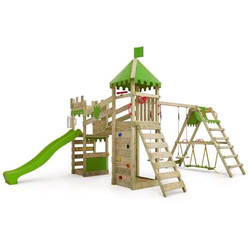 FATMOOSE Spielturm Ritterburg RiverRun Royal mit SurfSwing, Schaukel & apfelgrüner Rutsche, Outdoor Kinder Kletterturm mit Sandkasten Leiter & Spiel-Zubehör für den Garten