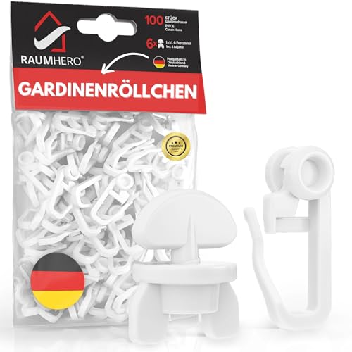 Raumhero Gardinenröllchen für Schiene (Komplettset 100x Gardinenhaken inkl. 6X Stopper) - 8mm Standardmaß Gardinengleiter - Gardinenhaken für Schienen - 100% Made in Germany