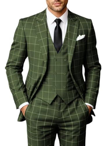 Solovedress Anzüge für Herren 3 Teilig Klassischer Karierter Herrenanzug Sakko Hose Weste für Hochzeiten und Geschäft (Olivgrün,M)