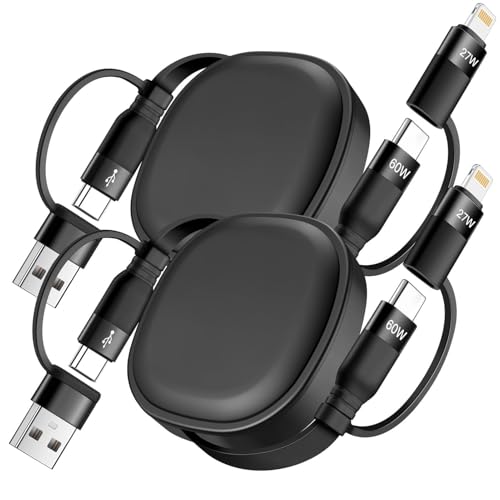 Minlu Multi Ladekabel Einziehbares, 5 in 1 Einziehbare Ladekabels, 60W Schnellladekabel & Datenübertragung [1,2M 2Stück] USB Ladekabel mit Lightning/Typ C/USB A Port für iPads/iPhone/Galaxy/Tablets
