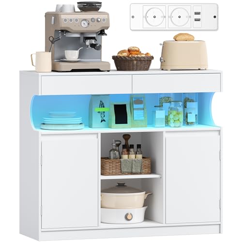 Hzuaneri Sideboard, Küchenschrank mit Steckdosenleiste und LED-Licht, Buffetschrank, 2 Schubladen und 2 Türen, Verstellbaren Regalen, Esszimmer, Küche, 35 × 100 × 85cm, Weiß SC64903X