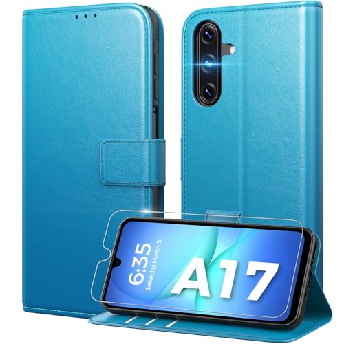 Peakally Handyhülle für Samsung Galaxy A17 5G Hülle [Mit 1 Stück Panzer Schutz Glas] [Premium PU Leder] [RFID-Blockierung] [Kartenfach] Klapphülle mit Galaxy A17 5G / 4G - Leuchtend Blau