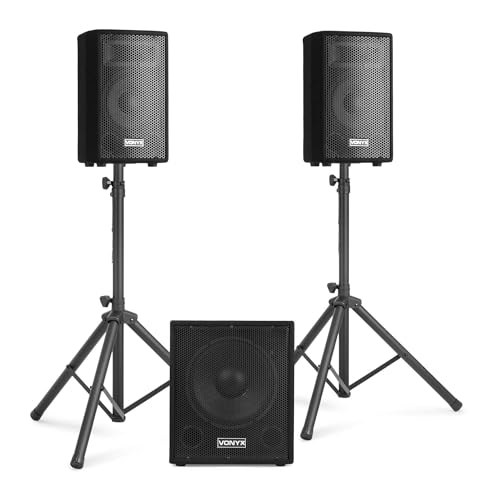 Vonyx VX1015BT Mobile PA Anlage Komplettset, PA Anlage Aktiv mit Bluetooth Komplettset, 1000 Watt DJ Boxen, PA Lautsprecher Beschallungsanlage, 2X Top-Speaker, 1x Subwoofer, Kabel, Stativen, Tasche