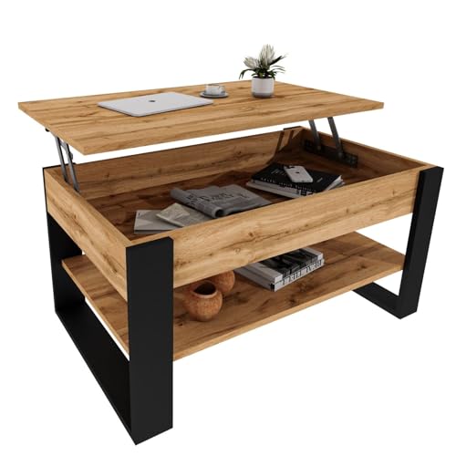 CraftPAK Couchtisch höhenverstellbar mit Stauraum - Couchtische - Wohnzimmertisch klappbar - höhenverstellbarer Coffee Table - Wohnzimmer Tisch Holz Braun