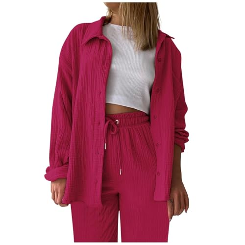 Zweiteiler Damen Sommer Outfits Musselin Bluse und Shorts, Aesthetic 2 Teiler Lounge Set Elegant Sportanzug Oversize Hosenanzug Langarm Hausanzug Y2K Clothes,Rot,M