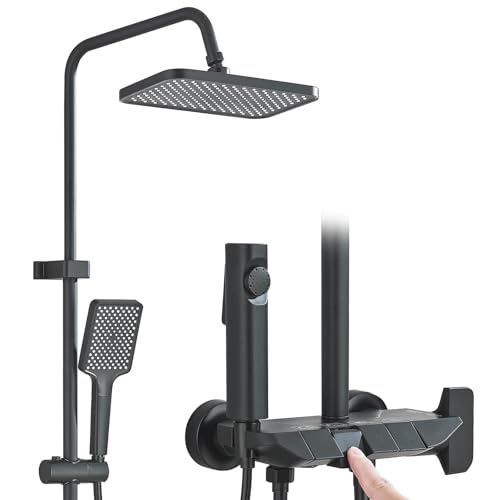 Duscharmatur Komplettset mit Regendusche 27 X 17cm, Duschkopf Handdusche, Zusatzdüse und Armatur, Duscharmatur mit Klavierknopf 4 Strahlarten Duschgarnitur Schwarz