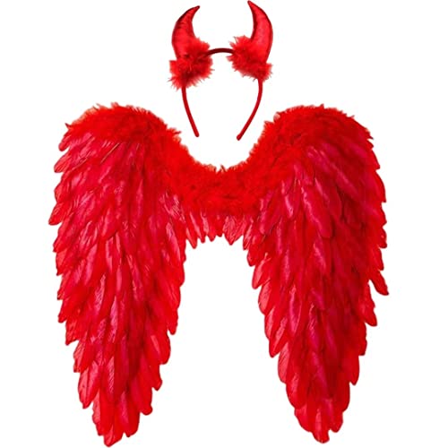 Winwild Engelsflügel mit Teufelshörner,Engel und Teufel Flügel Kostüm Damen,Gefallener Engel Kostüm Rot für Halloween Karneval Cosplay Party Fasching Kostümparty Verkleidung(Rot,60 x 60 cm)
